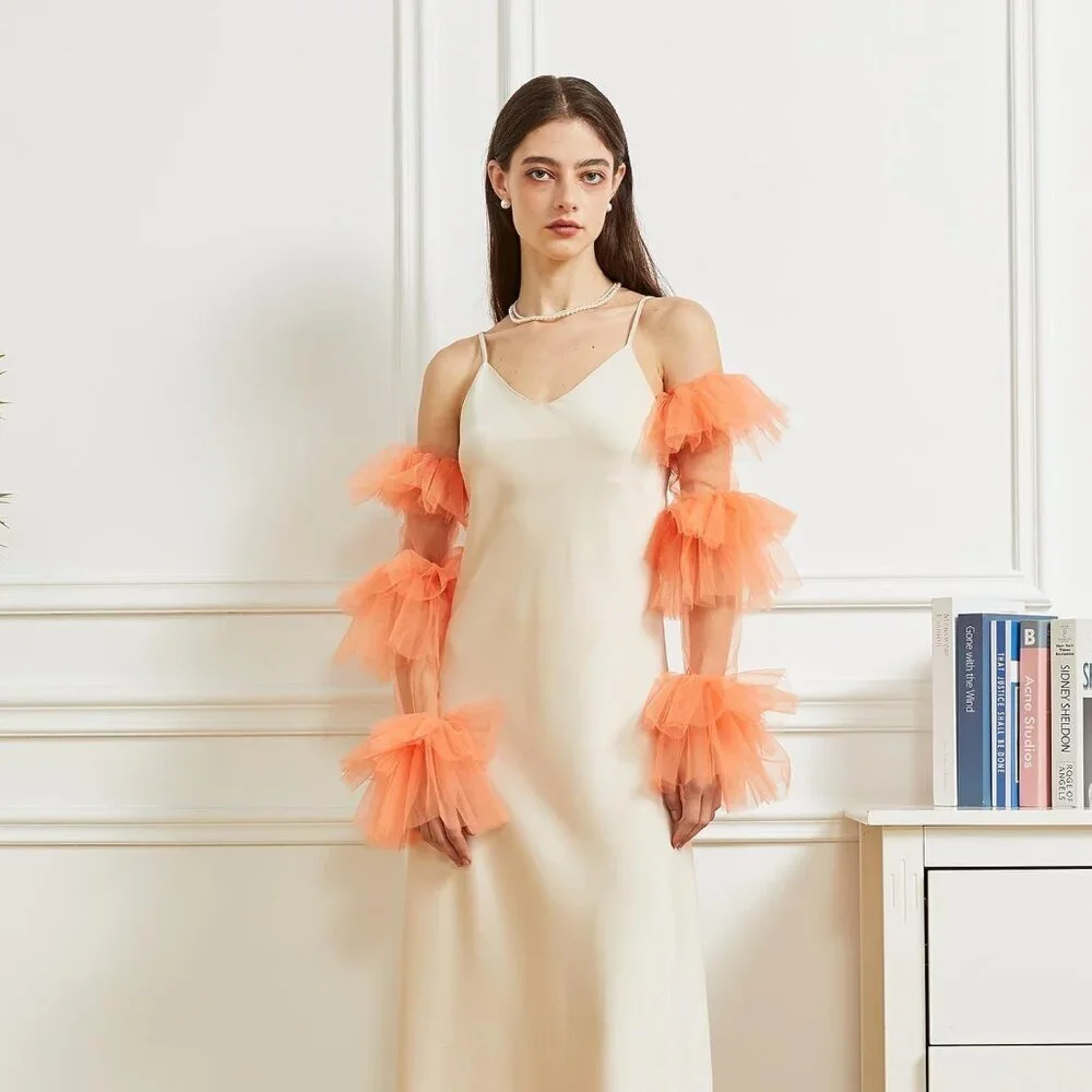 Women's Orange Satin Tulle  Ruffled Puff Long Gloves Banquet Wedding Party